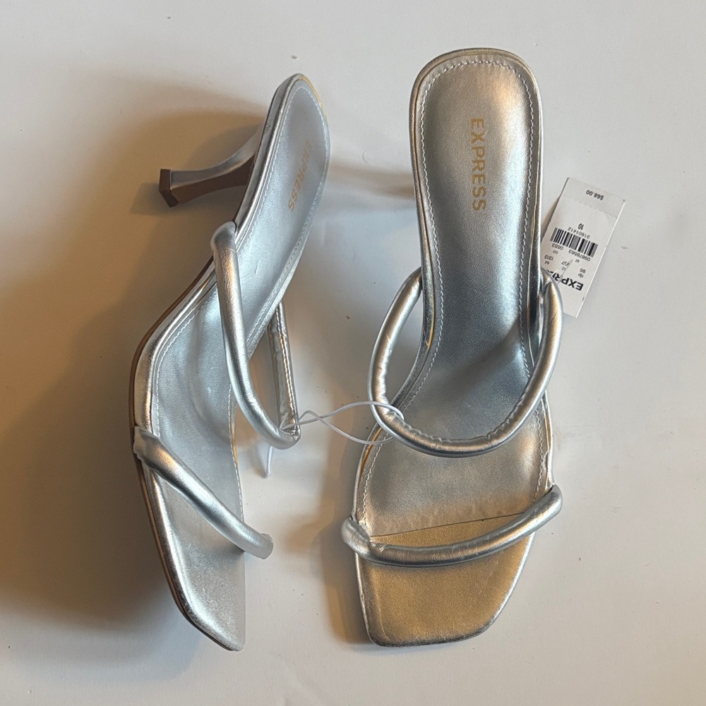 Express Metallic Silver Square-Toe Heeled Mules Women’s size 10